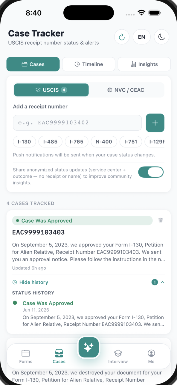 PetitionPath case tracker screen